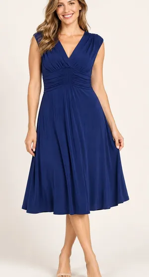 AA Studio Navy Blue Purple Undertone Ruched Midi Dress Size 10 thumbnail 1