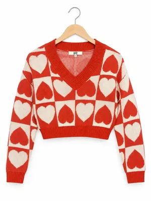 NWT Madden NYC Small Red Cream Heart print Vneck Cropped Knit valentine sweater thumbnail 2