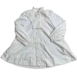 Free People cherry White Cotton Victorian Mini Dress Pleated Bib Pockets XS thumbnail 1