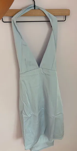Blue satin halter dress thumbnail 1