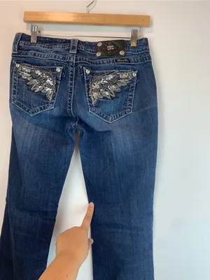 Dark Wash Miss Me Jeans sz 27 mid rise easy straight fall school bling *flaw* thumbnail 6