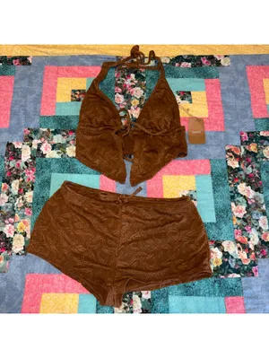 Samiol NWT Peacock Brown Tankini Small Two Piece Brown Textured Top & Shorts Set thumbnail 4