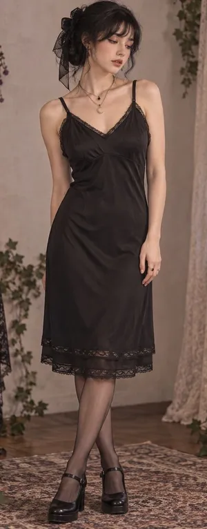 Vintage 90s Black Slip Dress Med Lingerie Romantic Goth Whimsigoth Lace Trim thumbnail 1