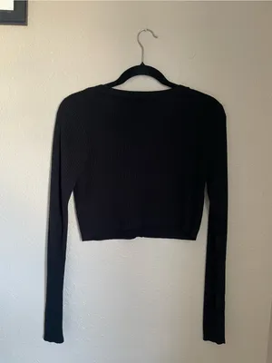 Wild Fable V Neck Cropped Ribbed Cardigan Size S Black Button Front Long Sleeves thumbnail 6