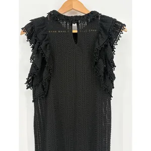 Sugar + Lips‎ Eyelet Ruffle Mini Dress Womens Small Black Pom Pom Trim STD10938 thumbnail 8