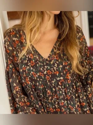 Natural Life Dress Size Small Brown Midi Floral V Neck Bell Sleeve Tiered Boho thumbnail 15