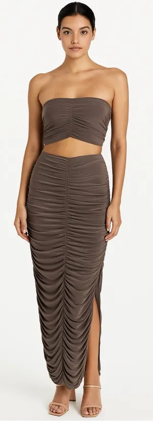 PrettyLittleThing Taupe Brown Ruched Midaxi Skirt Bandeau Top Set Size 12 thumbnail 1