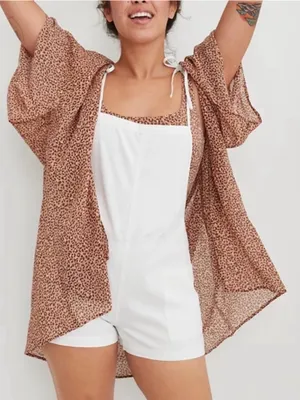 Aerie Linen Tie Shoulder Shortall Romper in White thumbnail 1