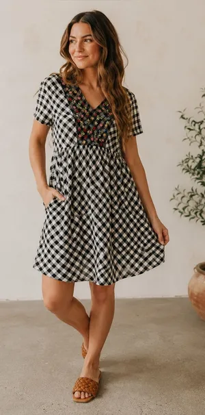 Roolee Black and White Checkered Dress with Floral Embroidery thumbnail 1