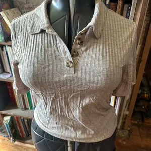 Z Supply ribbed beigecore knit L collared polo crop top thumbnail 1