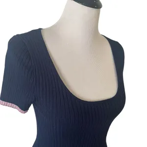 Ribbed Knit Cropped Baby Tee‎ Ruffle Edge Top S Navy Blue Pastel Stretch Indie thumbnail 7