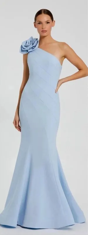 NWOT Mac Duggal 2304 Blue One Shoulder Mermaid Gown With 3D Flower Size 8 thumbnail 1