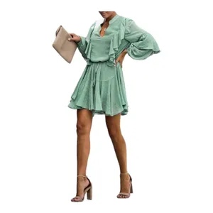 Sage Green Polka Dot Long Sleeve Ruffle Mini Dress Casual Flowy‎ Swing Medium thumbnail 10