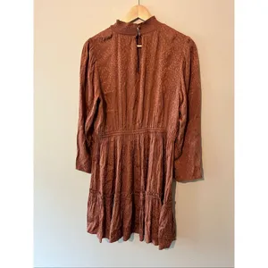 Madewell Mockneck Ruffle Hem Mini Dress Cheetah Jacquard Smocked Brown Copper M thumbnail 6