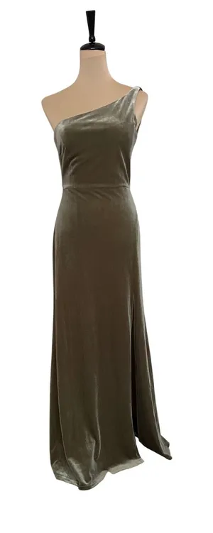 Jenny Yoo Collection Olive Green Velvet One Shoulder Maxi Gown Dress Size 4 thumbnail 1