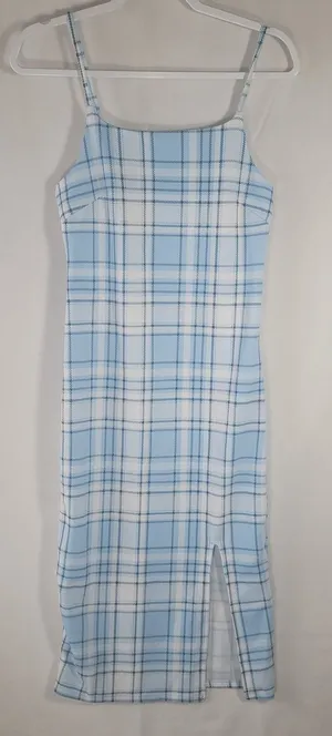 No Boundaries Light Blue Plaid Sleeveless Cami Midi Dress Side Slit M 7-9 Junior thumbnail 1