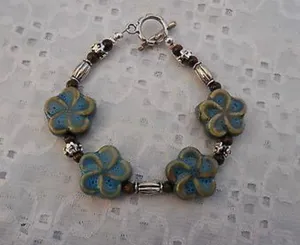 Handmade NEW! Earthy Beaded Toggle Bracelet W Ceramic Flower Beads 7.25” thumbnail 3
