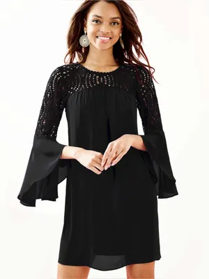 Lilly Pulitzer Size 12 Onyx Black Bell Sleeve Lace Trim Dress womens thumbnail 1