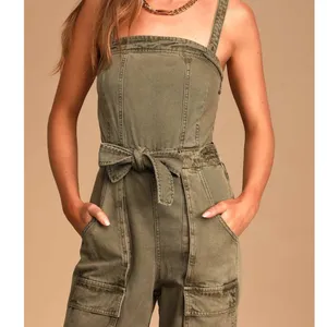 Free People FP Go West Olive Green Utility Cargo Denim Relaxed Leg Jumpsuit XS thumbnail 3