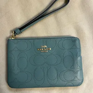 Coach Women's Green Leather Wristlet Wallet with Logo & Zipper Accents thumbnail 1