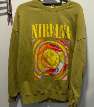 Nirvana Smiley Face Graphic Sweatshirt Olive Green Tie‎ Dye Grunge Cotton Top thumbnail 1