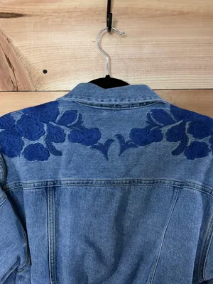 Free People Light Blue Denim Jacket with Blue Floral Embroidery thumbnail 7