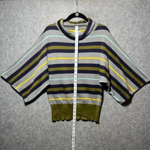 Joan Vass Striped Poncho Top‎ Cowl Neck Oversized Cotton Boxy Batwing 2 M/L thumbnail 2