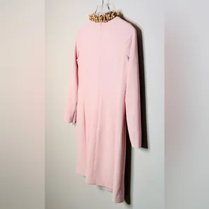 Worth Blush Pastel Pink Beaded Collar Wool Blend Shift Long Sleeve Dress thumbnail 6