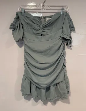 Off-Shoulder NWT Hello Molly Sage Green Ruched Mini Dress‎ thumbnail 1