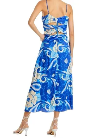 FARM Rio NWT Women’s Size L Blue White Tropical Groove Cutout Detail Midi Dress thumbnail 4