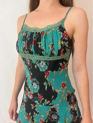 Blue Floral Paisley Mesh Fairy Sequin Silky Vintage Midi Dress thumbnail 5