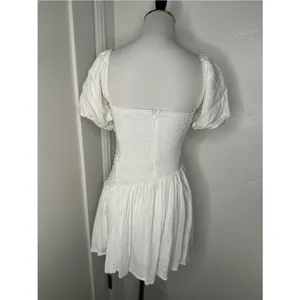 Charming Off-White/Cream Ruched Mini Dress – Puff Sleeves & Smocked Back small thumbnail 3