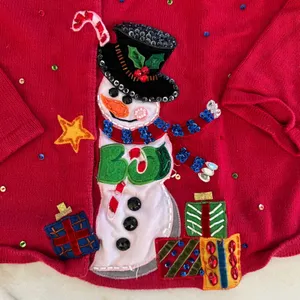 Chadwicks Red Snowman Sequin Beaded Ugly Christmas‎ Sweater Cardigan Womens M thumbnail 2