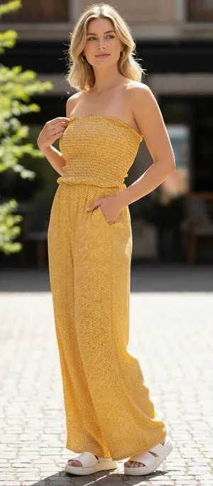 SHEIN‎ Yellow Heart Print Smocked Strapless Wide Leg Jumpsuit Small Boho Summer thumbnail 1