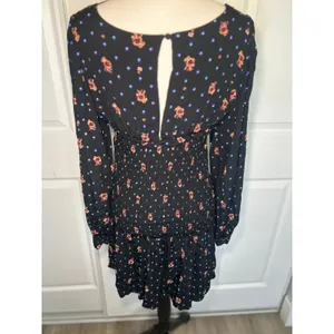 Free People Smocked Mini Dress M‎ Black Floral Square Neck Boho Long Sleeve thumbnail 6