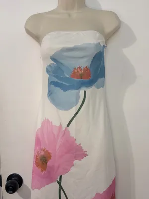 Strapless Mini Dress White Blue Pink Poppy Floral Stretch Size M No Tag thumbnail 2