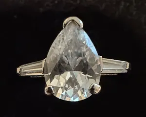 Pear Drop Clear Crystal Ring with Baguette Shoulders Sterling Silver thumbnail 1