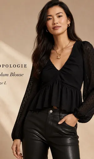 Anthropologie Black Sheer Peplum Blouse Size L Swiss Dot Long Sleeve thumbnail 1