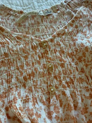 Orange Peasant Blouse Floral Puff Sleeve Top thumbnail 3