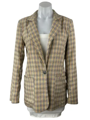 Vila Beige Plaid Tweed Collared Long Sleeve Pockets Blazer Coat Jacket Size 36 thumbnail 1