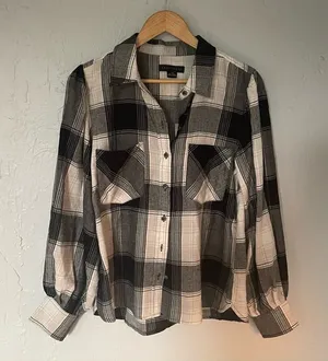 Sanctuary Anthropologie Black‎ and White Plaid Balloon Sleeve Button Down Shirt thumbnail 1