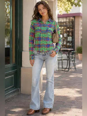 VTG Y2K Abercrombie & Fitch XS Green Plaid Flannel Shirt Moose logo Fitted fall thumbnail 2