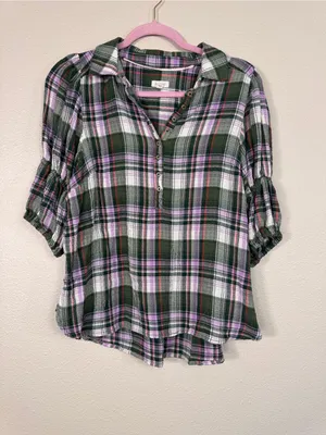 Pilcro Green Purple Plaid Henley Blouse Womens S Casual Fall Shirt Ruffled Boho thumbnail 8