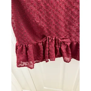 Arula Burgundy Swiss Dot Mini Dress Women L Wine V-Neck Balloon Sleeve Ruffle thumbnail 7