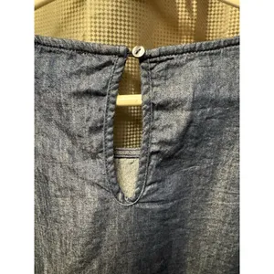 C Women's Blue Solid Denim Blouse M Round Neck Long Puff Sleeve Smocked Cuff New thumbnail 10
