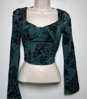 Forever 21 Women Whimsigoth Crop Milkmaid Top Small‎ Green Black Floral Corset Bell Sleeve thumbnail 1