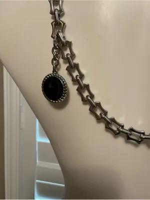 Silver Link Necklace with Black Round Pendant and Heart Accents - Women Jewelry thumbnail 3