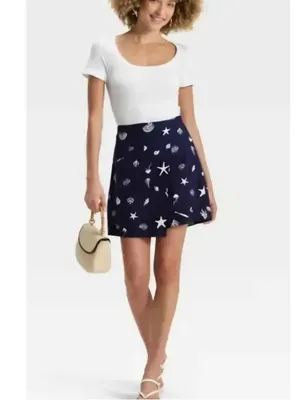 A New Day navy linen seashell nautical wrap skirt skort beach coastal cottage 6 thumbnail 2