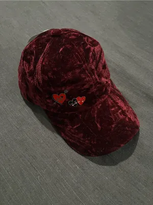 Crushed Velvet Burgundy Baseball Cap with Heart Pins thumbnail 2