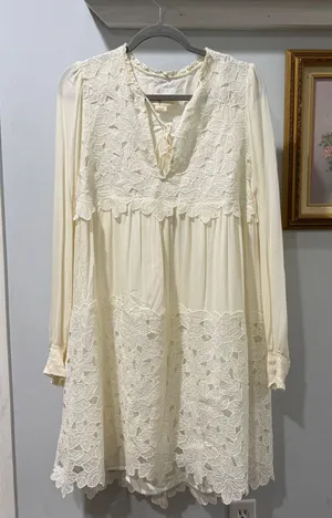 Anthropologie Ivory Lace Mini Dress‎ Large Boho Bridal Cottagecore Honeymoon thumbnail 1